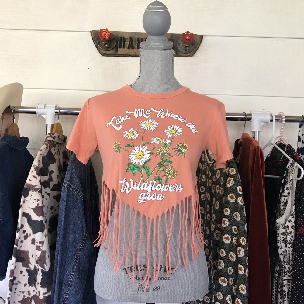 Moonchild short sleeve fringe crop top women size extra small
